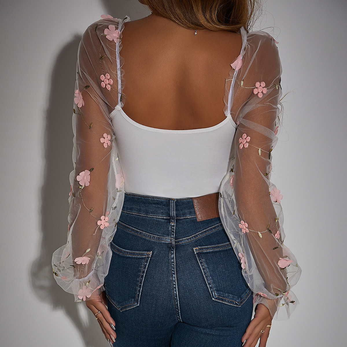 Womens Sheer Embroidery Corset Tops Floral long sleeve Bodysuit